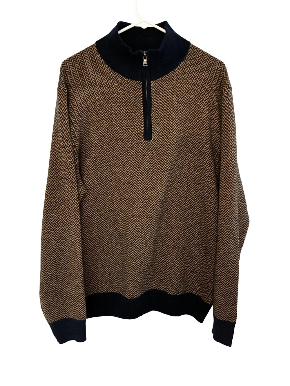 J.Crew Men’s 100% Cashmere 1/4 Zip Sweater • L • Navy Brown Herringbone